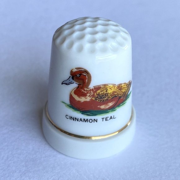Vintage Cinnamon Teal Duck Porcelain Bisque Bone China Thimble Gold Rim 1” - Picture 1 of 6